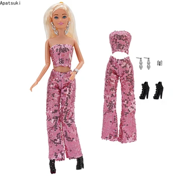 Rožinė China Mados Drabužių Rinkinys Barbie Lėlės, Komplektai, Viršuje Kelnės Batai Bangle Auskarai 1/6 Lėlės Priedai Vaikams, Žaislai