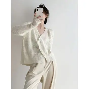 Įstrižainė V-kaklo, megzti megztinis moterims pavasario dizaino minkštas ir glutinous meškėnas, aksomo, sumaišytus džemperis cardigan moteris viršuje