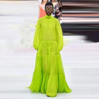Fluorescencinė Žalia Prom Chalatai Ilgomis Rankovėmis Neoninės Spalvos Maxi Suknelės Moterims Backless Linijos Boho Seksualus Šalis Suknelė Lankas Tiulio Plisuotos