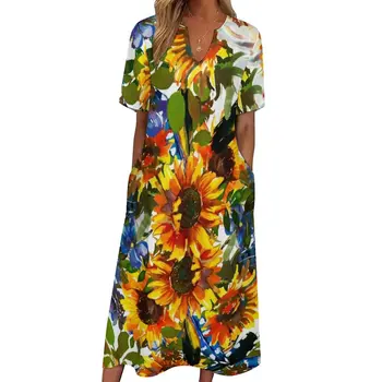Dažytos Saulėgrąžų Suknelė Unikalų Saulėgrąžos Dizainas Modernus Maxi Suknelė V Kaklo Bohemijos Ilgos Suknelės Street Wear Negabaritinių Vestido