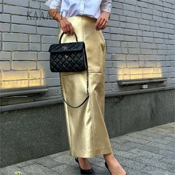 KAAAZI Elegantiškas Aukštosios Mados Moterų Ilgas Sijonas Kratinys Pu Odos Office Ponios Slim Naujas Kieto Paketo Klubo Sijonas Streetwear