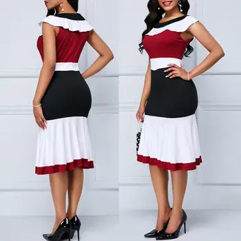 Suknelė, O ant Kaklo Bodycon Rankovių moteris suknelė Office Lady Susiėmę Hem Spalva Blokuoti Kelio ilgis платье летнее vestido de mujer 2020 m.