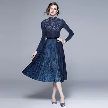 Mėlynas kostiumas sijonas moterų rudenį ir žiemą, naujo stiliaus ilgomis rankovėmis elegantiškas abrikosų vidutinio ilgio moterų tinka spausdinti dviejų dalių komplektas