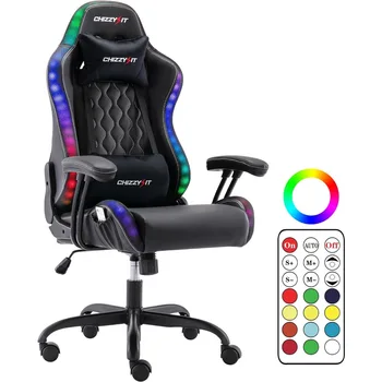 chizzysit Kėdė su RGB LED Žibintai, Kompiuterio Kėdės su Reguliuojama atrama galvai Juosmens atrama, Ergonomiškas PVC Oda Žaidimų Kėdė