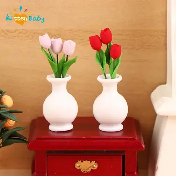 1:12 Miniatiūriniai Lėlių Tulpių Vazoninių Augalų, Gėlių Vazonas Bonsai Modelis Lėlės Namas Baldų Reikmenys, Sodo Dekoro Vaikams, Žaislai