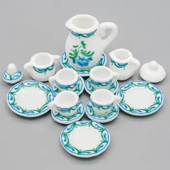Odoria 1:12 Miniatiūriniai Porceliano Arbatos Puodelio Rinkinys 15VNT Žalia Mėlyna Pasienio Gėlių Stalo Teaware Virtuvės Lėlių Aksesuarai, Dekoras