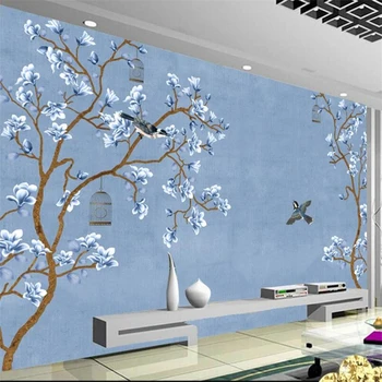 beibehang papel de parede Užsakymą tapetai 3d freskos rankomis dažyti mėlyna magnolija paukštis, Kinų stiliaus kambarį miegamojo tapetai