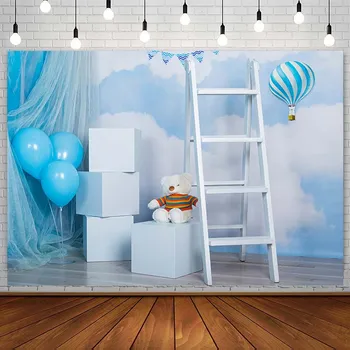 Baby Shower Gimtadienio Fonas Mėlynas Karšto Oro Balionu, Siūlai, Užuolaidų Žaislas Ant Berniukas Fotografijos Fone Studija Photozone Dekoro Rekvizitai