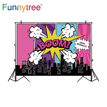 Funnytree fone fotostudija Herojus gimtadienio naktį miesto animacinių filmų vaikams fotografijos fonas photobooth photocall