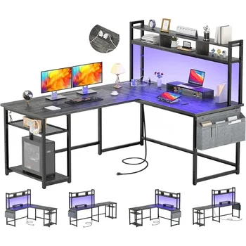 Formos Stalas su Elektros Lizdo&LED Juostelės,Grįžtamasis L-Formos Kampas Kompiuterio Stalai, Žaidimų Stalas su Sandėliavimo Lentynos & Monitoriaus Stovas