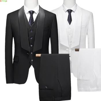 2024 Naujas Vyrų Kostiumas 3 Dalių (Švarkas+Kelnės+Liemenė) Vestuvės Dress Striukė & Kelnės Liemenė Aukštos Kokybės Vyrų Rinkiniai Juoda Balta