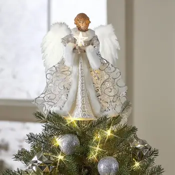 1PC Kalėdų Eglutė Topper Angelų Pasakos Švenčių Xmas Tree Top Ornamentu Dekoravimo Kalėdų eglutė viršuje dekoro angelas su šviesos
