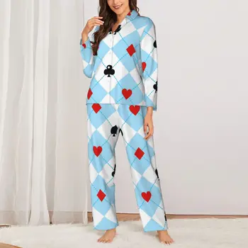 Pokerio Širdies Pajama Komplektai Kortos Kostiumas Simboliai Retro Sleepwear Moterų Ilgas Rankovėmis Atsitiktinis Miego 2 Gabalus, Naktiniai Drabužiai Didelis Dydis