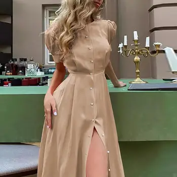 Elegantiškas Maxi Suknelė Elegantiškas Vasarą Office Suknelė su Sluoksniuotos Rankovėmis Dirbtiniais Perlų Mygtukai Aukšto Juosmens Padalinti Hem Moterų Verslo