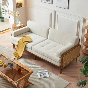 Japonų medžio masyvo lova su dvejopo naudojimo sėdi ir miega, austi rotango sofa-lova, gyvenamasis kambarys, dviejų asmuo sulankstoma lova