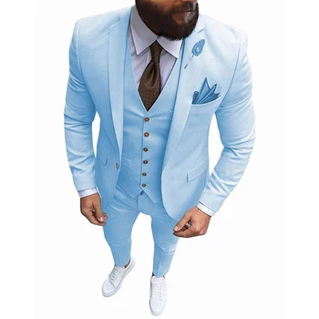 Naujausius Blue 3 Gabalus Kostiumas Vyrams Oficialių Verslo Klasės Atvartas Slim Fit Smokingas Geriausią Vyro Blazer Vestuvių (Švarkas+Liemenė+Kelnės)