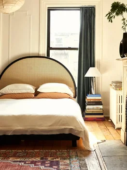 Retro rotango dvigulė lova Nordic small dydžio homestay medžio masyvo lova kūrybos rotango lova